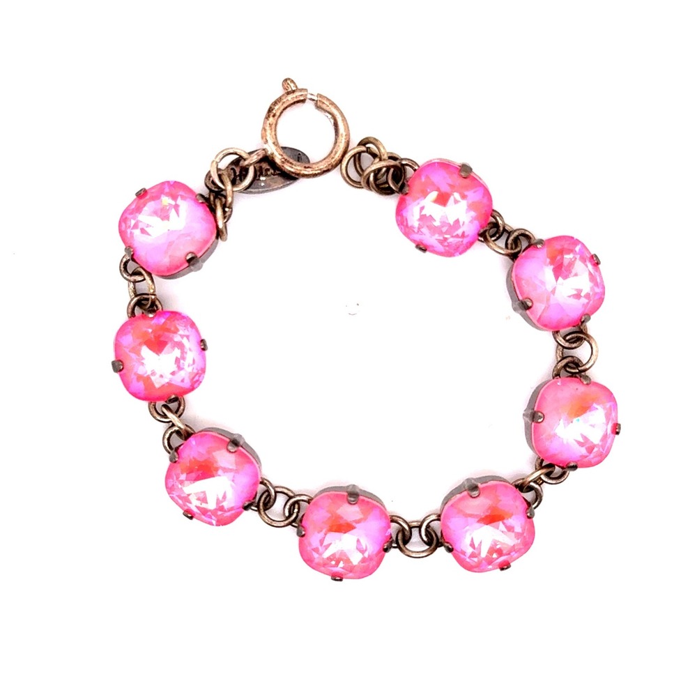 H McLeod Pink Crystal Cushion Cut Link Bracelet Antique Brass Tone Signed